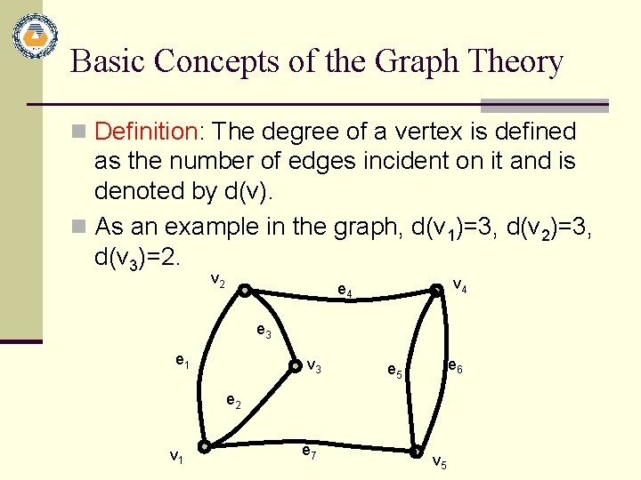 Basic Concepts of the Graph Theory n Definition: The degree of a vertex is