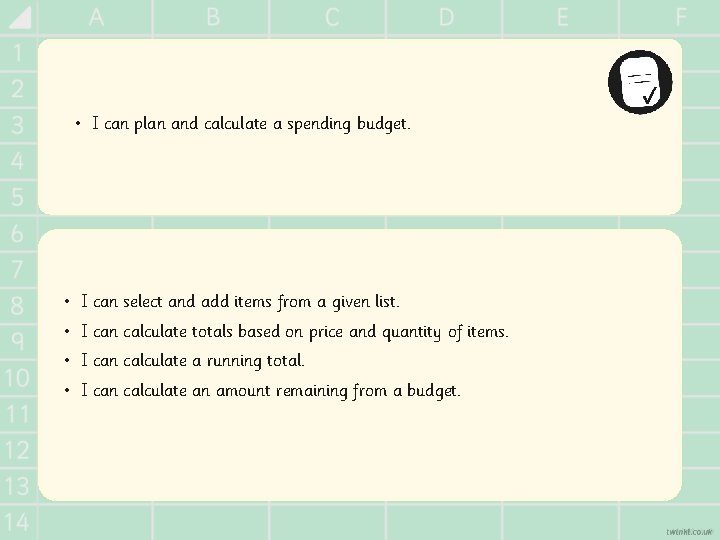  • I can plan and calculate a spending budget. • I can select