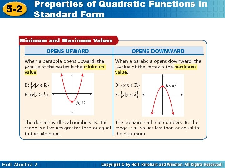 5 -2 Properties of Quadratic Functions in Standard Form Holt Algebra 2 