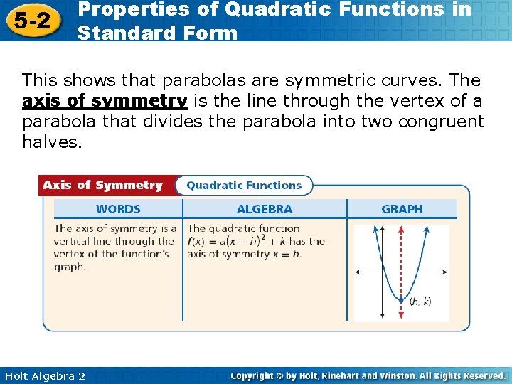 5 -2 Properties of Quadratic Functions in Standard Form This shows that parabolas are