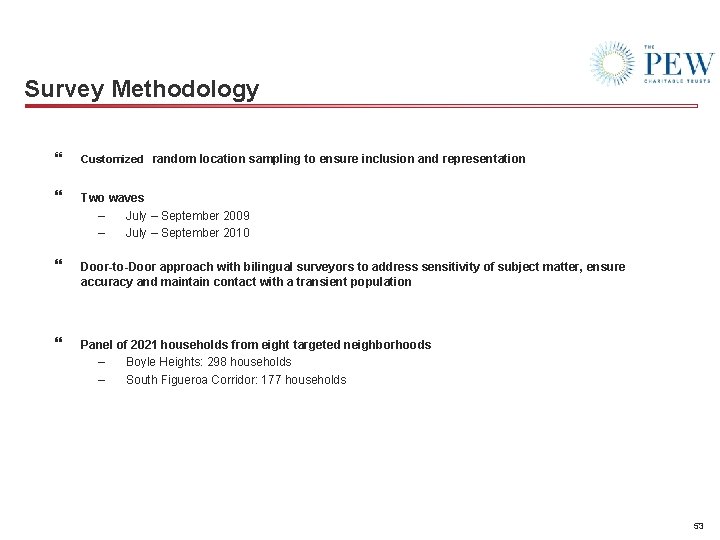 Survey Methodology } Customized random location sampling to ensure inclusion and representation } Two