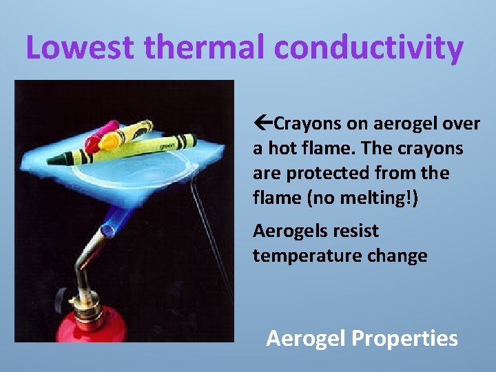 Lowest thermal conductivity Crayons on aerogel over a hot flame. The crayons are protected