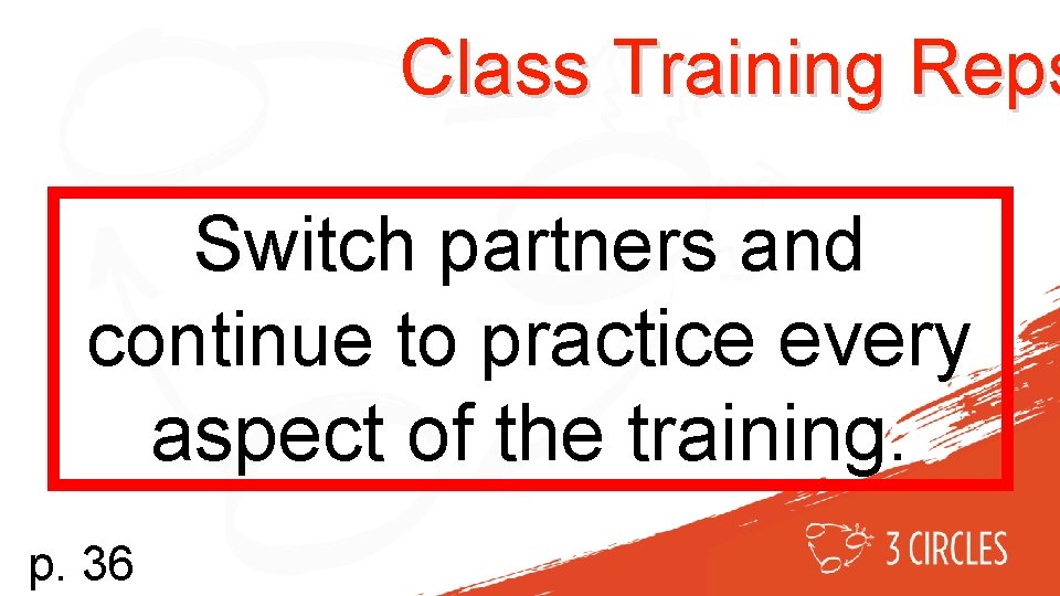 Class Training Reps Switch partners and continue to practice every aspect of the training.