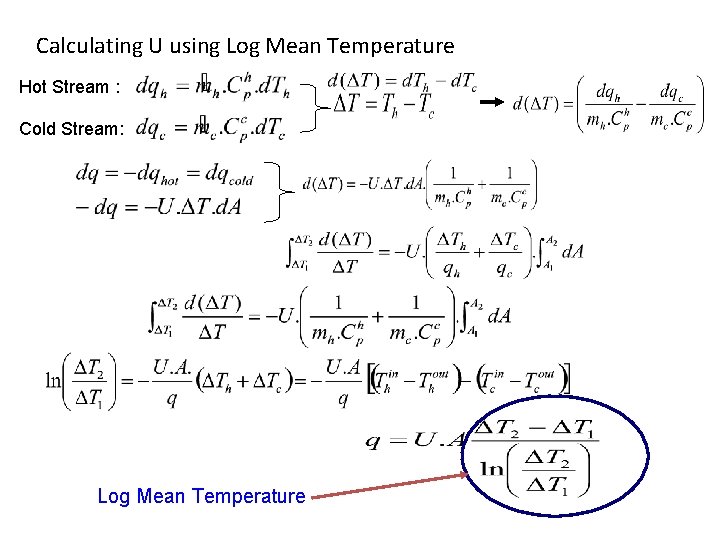 Calculating U using Log Mean Temperature Hot Stream : Cold Stream: Log Mean Temperature