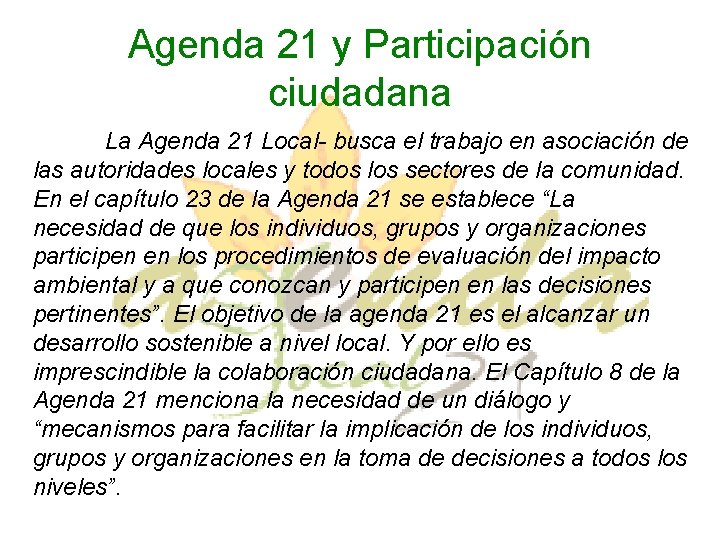 Agenda 21 y Participación ciudadana La Agenda 21 Local- busca el trabajo en asociación