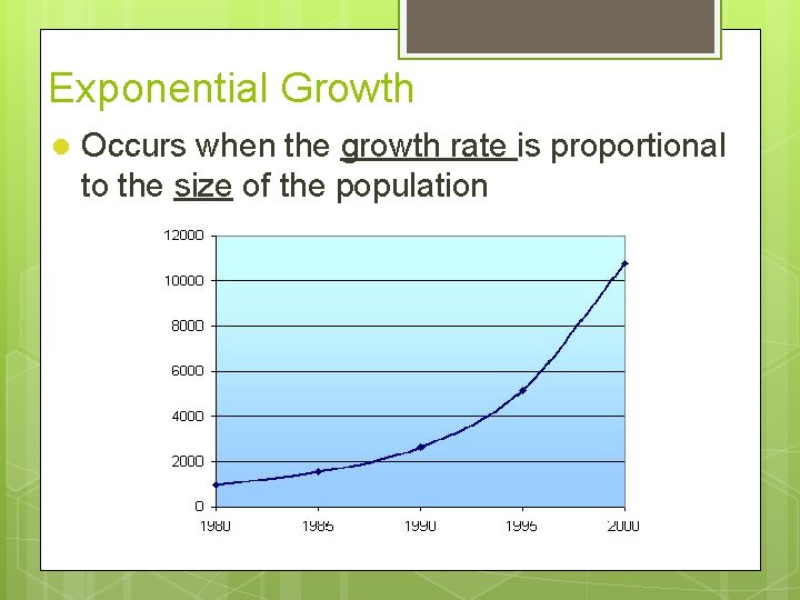 Exponential Growth l Occurs when the growth rate is proportional to the size of