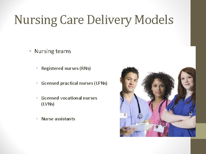 Nursing Care Delivery Models • Nursing teams • Registered nurses (RNs) • Licensed practical