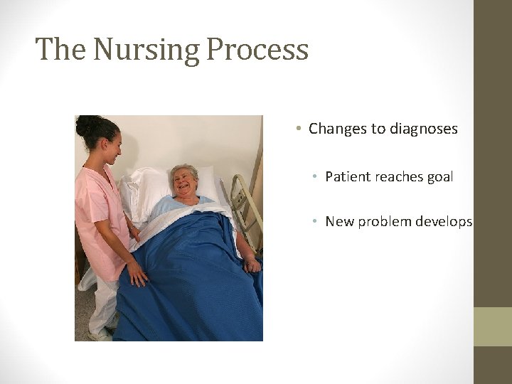 The Nursing Process • Changes to diagnoses • Patient reaches goal • New problem