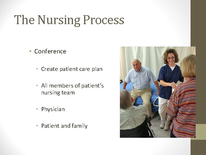 The Nursing Process • Conference • Create patient care plan • All members of