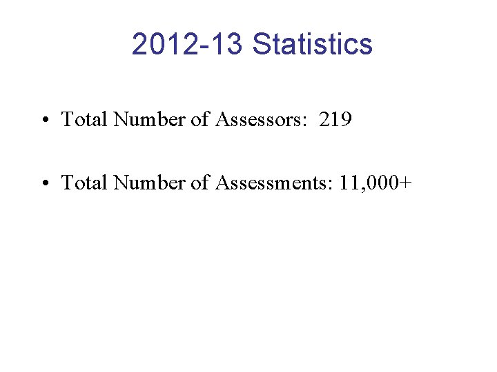 2012 -13 Statistics • Total Number of Assessors: 219 • Total Number of Assessments: 2012 -13 Statistics • Total Number of Assessors: 219 • Total Number of Assessments: