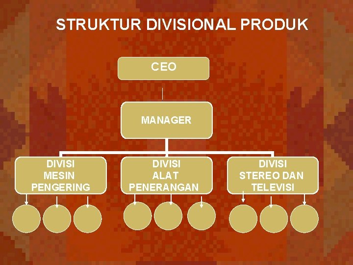 STRUKTUR DIVISIONAL PRODUK CEO MANAGER DIVISI MESIN PENGERING DIVISI ALAT PENERANGAN DIVISI STEREO DAN