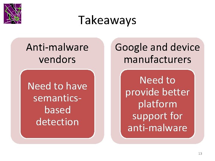 Takeaways Anti-malware vendors Google and device manufacturers Need to have semanticsbased detection Need to