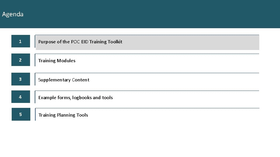 Agenda 1 Purpose of the POC EID Training Toolkit 2 Training Modules 3 Supplementary