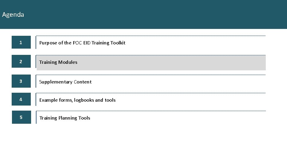 Agenda 1 Purpose of the POC EID Training Toolkit 2 Training Modules 3 Supplementary