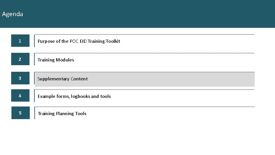 Agenda 1 Purpose of the POC EID Training Toolkit 2 Training Modules 3 Supplementary