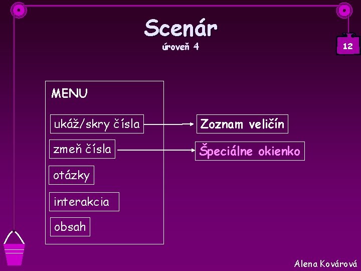 Scenár úroveň 4 12 MENU ukáž/skry čísla Zoznam veličín zmeň čísla Špeciálne okienko otázky