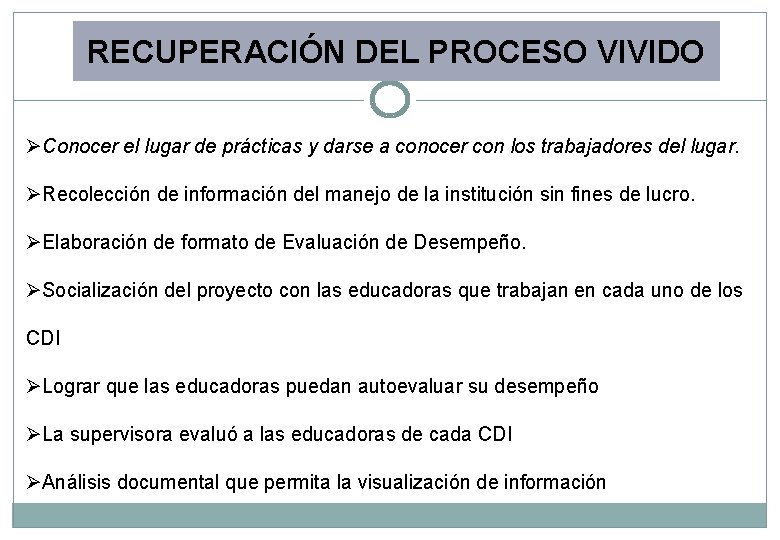 RECUPERACIÓN DEL PROCESO VIVIDO ØConocer el lugar de prácticas y darse a conocer con