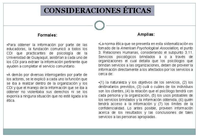 CONSIDERACIONES ÉTICAS Formales: Amplias: • Para obtener la información por parte de las educadoras, CONSIDERACIONES ÉTICAS Formales: Amplias: • Para obtener la información por parte de las educadoras,
