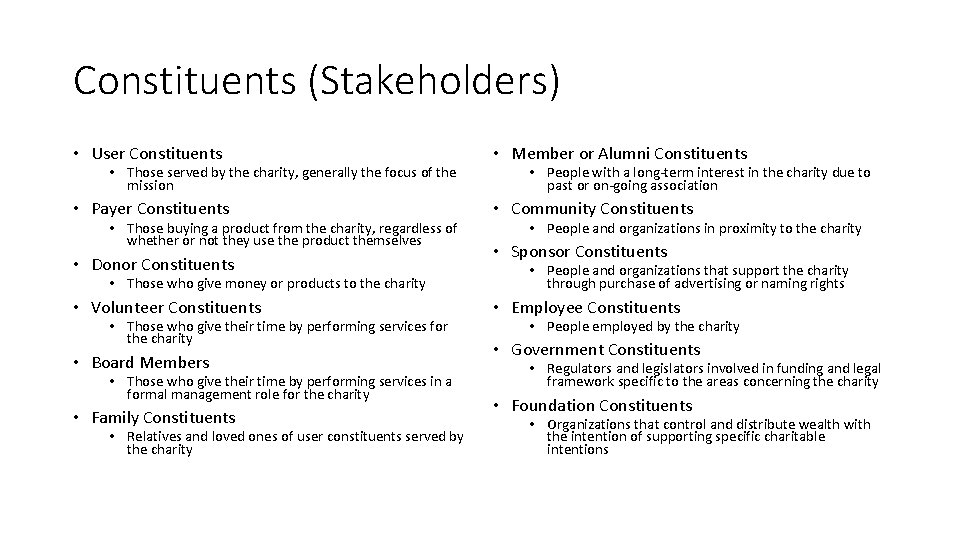 Constituents (Stakeholders) • User Constituents • Member or Alumni Constituents • Payer Constituents •