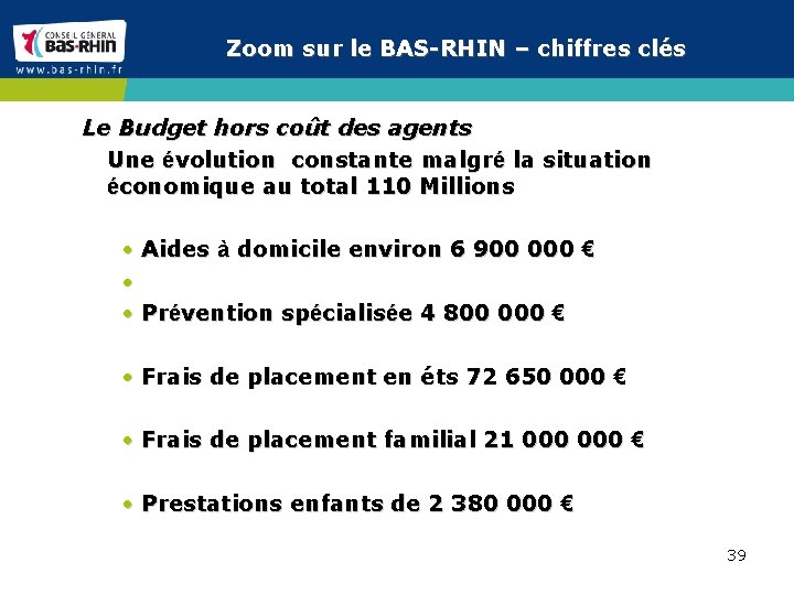 Zoom sur le BAS-RHIN – chiffres clés Le Budget hors coût des agents Une