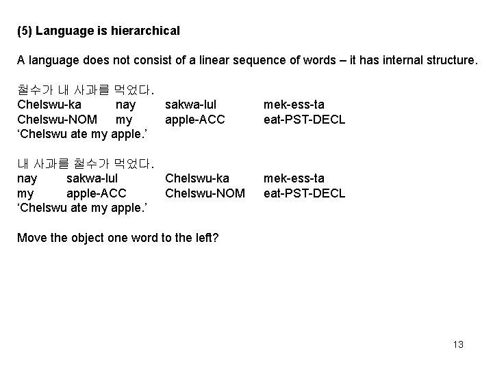 (5) Language is hierarchical A language does not consist of a linear sequence of