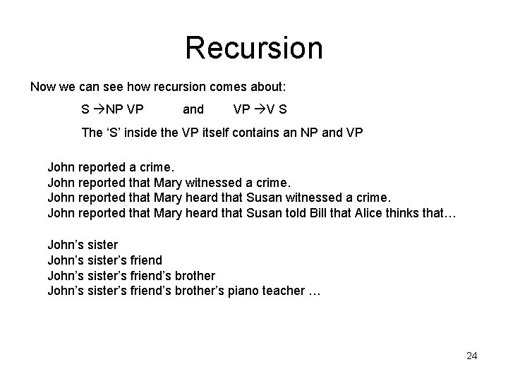 Recursion Now we can see how recursion comes about: S NP VP and VP