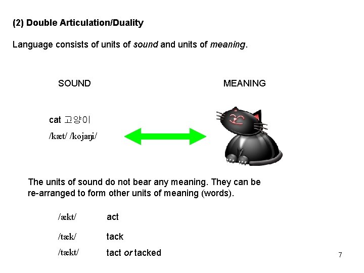 (2) Double Articulation/Duality Language consists of units of sound and units of meaning. SOUND