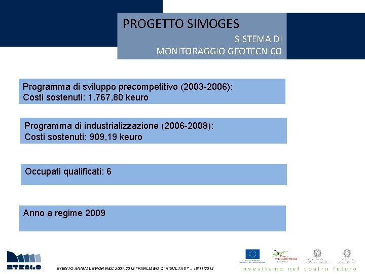PROGETTO SIMOGES SISTEMA DI MONITORAGGIO GEOTECNICO Programma di sviluppo precompetitivo (2003 -2006): Costi sostenuti: