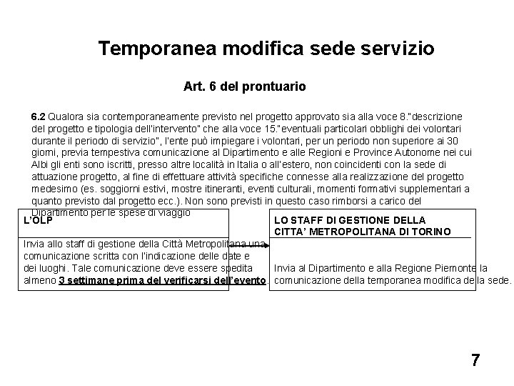 Temporanea modifica sede servizio Art. 6 del prontuario 6. 2 Qualora sia contemporaneamente previsto