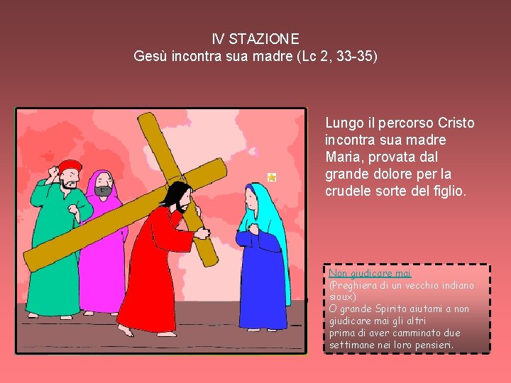 IV STAZIONE Gesù incontra sua madre (Lc 2, 33 -35) Lungo il percorso Cristo
