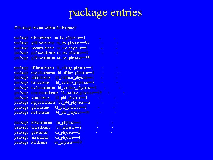 package entries # Package entries within the Registry package package rrtmscheme ra_lw_physics==1 gfdllwscheme ra_lw_physics==99