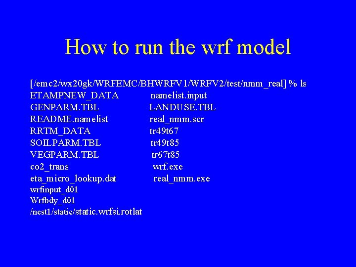 How to run the wrf model [/emc 2/wx 20 gk/WRFEMC/BHWRFV 1/WRFV 2/test/nmm_real] % ls