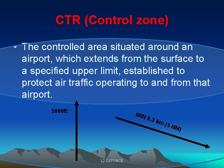 CTR (Control zone) • The controlled area situated around an airport, which extends from