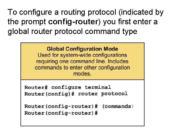To configure a routing protocol (indicated by the prompt config-router) you first enter a