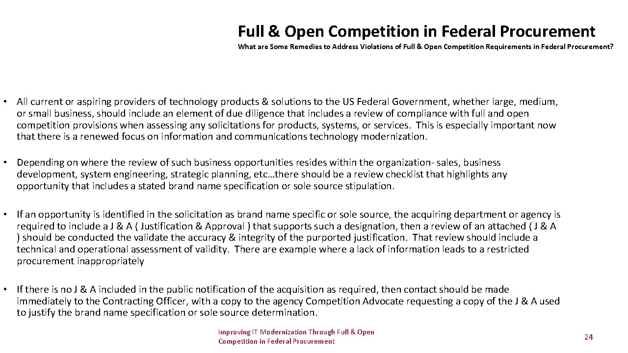 Full & Open Competition in Federal Procurement What are Some Remedies to Address Violations Full & Open Competition in Federal Procurement What are Some Remedies to Address Violations