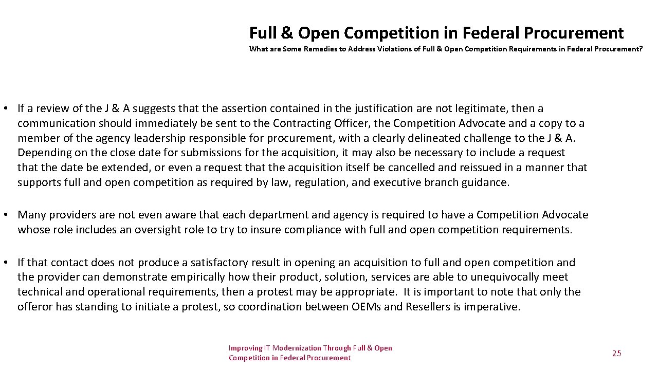 Full & Open Competition in Federal Procurement What are Some Remedies to Address Violations Full & Open Competition in Federal Procurement What are Some Remedies to Address Violations