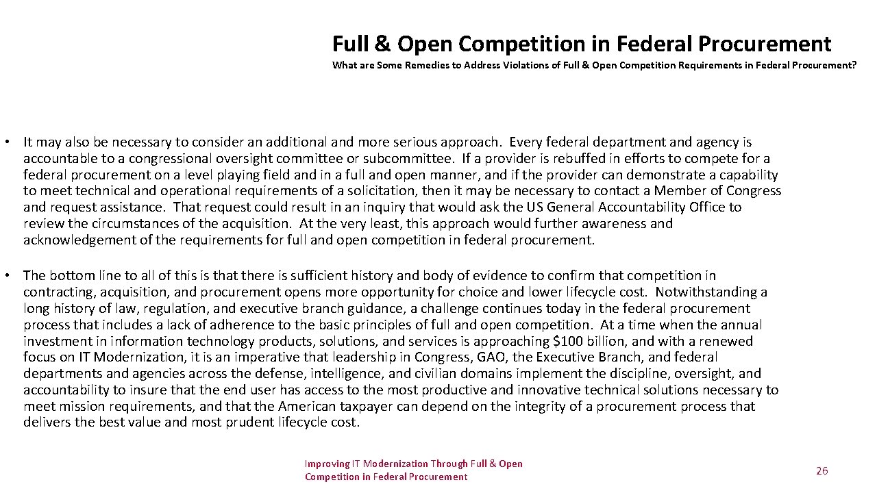 Full & Open Competition in Federal Procurement What are Some Remedies to Address Violations Full & Open Competition in Federal Procurement What are Some Remedies to Address Violations
