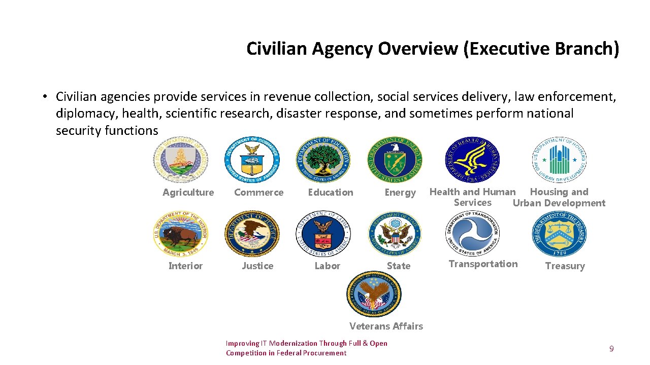 Civilian Agency Overview (Executive Branch) • Civilian agencies provide services in revenue collection, social Civilian Agency Overview (Executive Branch) • Civilian agencies provide services in revenue collection, social