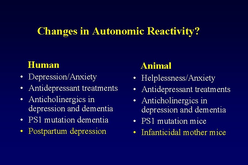 Changes in Autonomic Reactivity? Human • Depression/Anxiety • Antidepressant treatments • Anticholinergics in depression