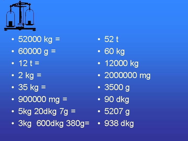  • • 52000 kg = 60000 g = 12 t = 2 kg