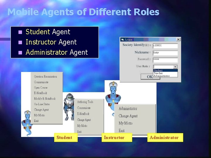 Mobile Agents of Different Roles Student Agent n Instructor Agent n Administrator Agent n Mobile Agents of Different Roles Student Agent n Instructor Agent n Administrator Agent n