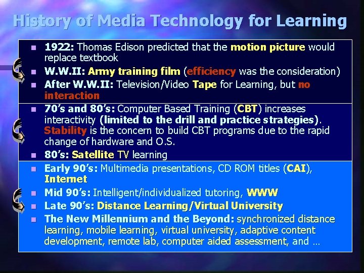 History of Media Technology for Learning n n n n n 1922: Thomas Edison History of Media Technology for Learning n n n n n 1922: Thomas Edison