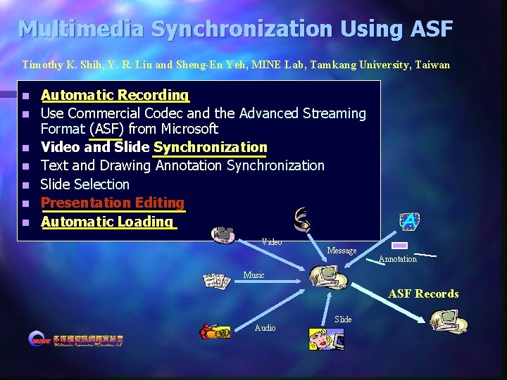 Multimedia Synchronization Using ASF Timothy K. Shih, Y. R. Liu and Sheng-En Yeh, MINE Multimedia Synchronization Using ASF Timothy K. Shih, Y. R. Liu and Sheng-En Yeh, MINE