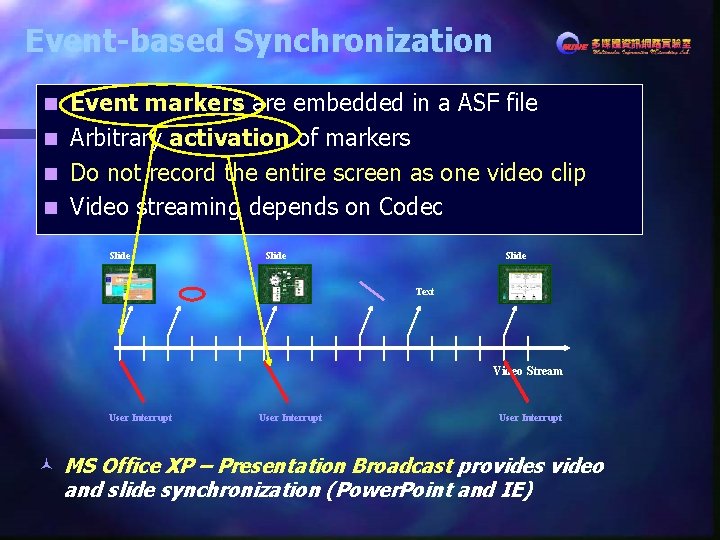 Event-based Synchronization Event markers are embedded in a ASF file n Arbitrary activation of Event-based Synchronization Event markers are embedded in a ASF file n Arbitrary activation of