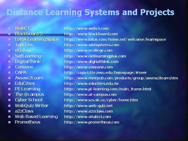 Distance Learning Systems and Projects n n n n n Web. CT Blackboard 5 Distance Learning Systems and Projects n n n n n Web. CT Blackboard 5