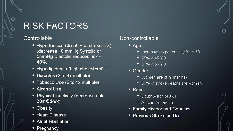 RISK FACTORS Controllable • • • Hypertension (35 -50% of stroke risk) (decrease 10