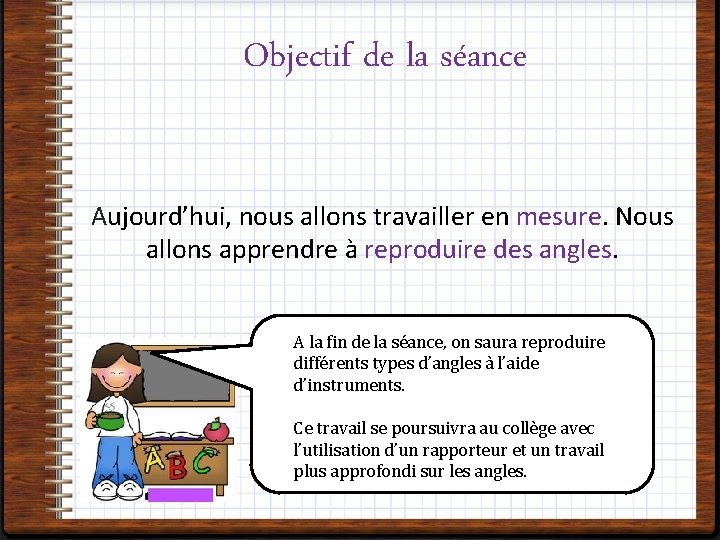 Objectif de la séance Aujourd’hui, nous allons travailler en mesure. Nous allons apprendre à