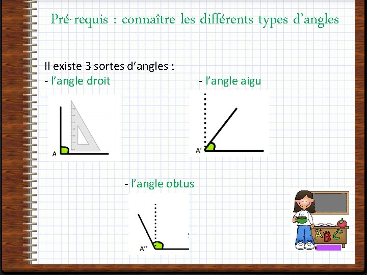 Pré-requis : connaître les différents types d’angles Il existe 3 sortes d’angles : -
