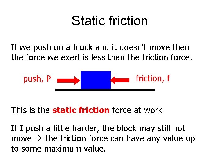 Static friction If we push on a block and it doesn’t move then the