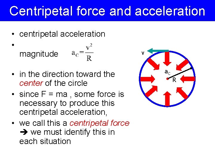 Centripetal force and acceleration • centripetal acceleration • magnitude • in the direction toward